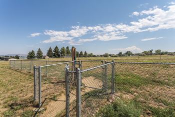Outdoor, fenced in dog park at Castlerock Apartments in Billings, MT.